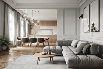 Modern apartment interior with white wall and gray sofa, featuring dining room. 3D rendering. Generative AI