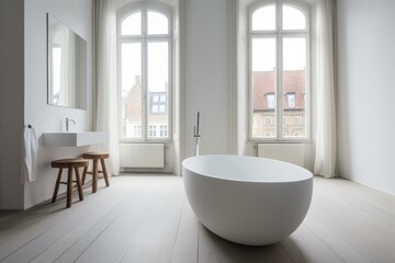Obraz na płótnie Canvas minimalist white bathroom with a freestanding bathtub and natural light from two windows. Generative AI