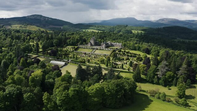Drone shot of Scotland's Drummond Castle Gardens.