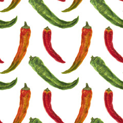 Green, orange and red hot peppers, watercolor seamless pattern