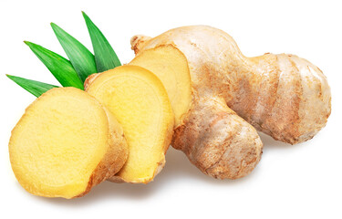 Fresh ginger root and ginger slices with leaves isolated on white background.