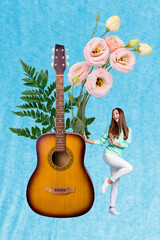 Magazine template picture collage of funny young girl enjoy dancing on 8 march festival musical...