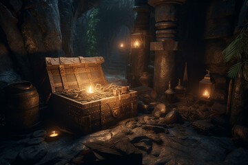 Dungeon treasure fantasy art for game design inspiration. Generative AI