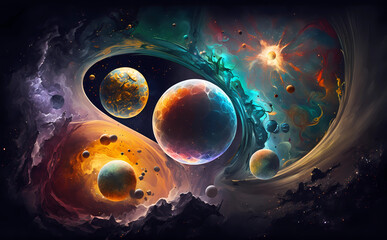 Cosmic Composition Showing Distant Planets, Stars, and Comets from an Alien Galaxy. Cosmic, Colorful Background. Generative AI.