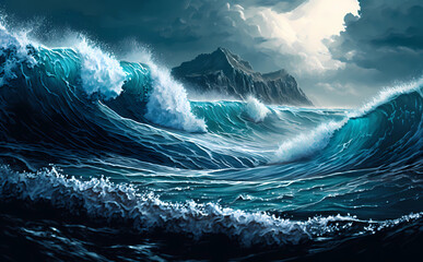 Illustration of a Rough Sea With a Rocky Island in the Background. Waves Breaking Through the Clouds. Generative AI