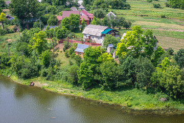 Fototapeta na wymiar Aerial view of Zhvanets village over River Zhvanchyk in Khmelnytskyi region, Ukraine