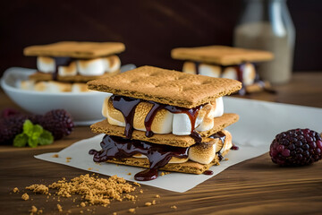 S'mores are a classic summer dessert, with gooey marshmallows, melted chocolate, and crunchy graham crackers - obrazy, fototapety, plakaty