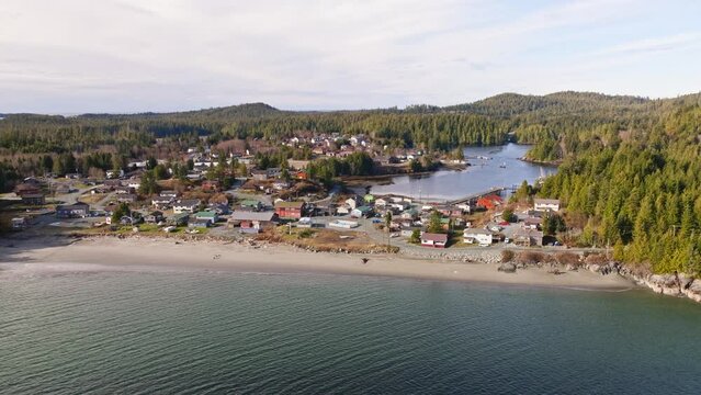 Coastal First Nations village and community on the West Coast of British Columbia Canada. Indigenous reservation in BC on the coast by the ocean and forest.