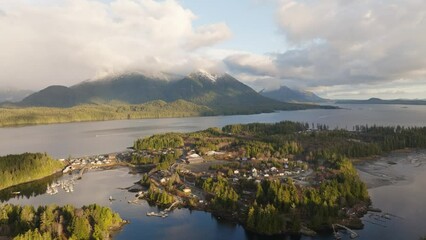 Coastal First Nations village and community on the West Coast of British Columbia Canada. Indigenous reservation in BC on the coast by the ocean and forest.
