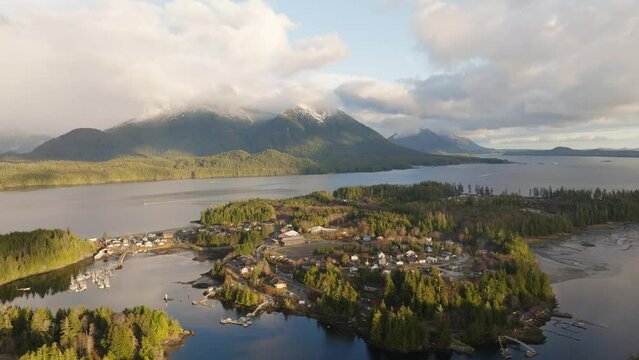 Coastal First Nations village and community on the West Coast of British Columbia Canada. Indigenous reservation in BC on the coast by the ocean and forest.