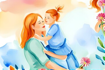 Mother and daughter with spring flowers. Watercolor hand drawn illustration. Happy Mother's Day.