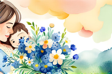 Mother and son with spring flowers. Watercolor hand drawn illustration. Happy Mother's Day. - obrazy, fototapety, plakaty