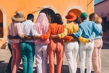 diverse race people in colorfull clotes hugging each other in sunny bright day ai generated art