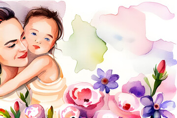 Fototapeta Mother and daughter with spring flowers. Watercolor hand drawn illustration. Happy Mother's Day. obraz