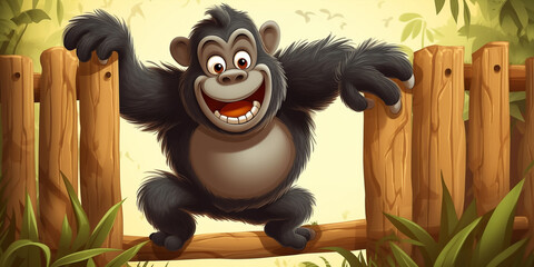 Cute Cartoon Style Gorilla Jumping Over A Wooden Fence Generative Ai Digital Illustration Part#260423