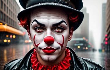 Fototapeta na wymiar drenched man in the image of a clown in the rain in metropolis center. Generative AI.