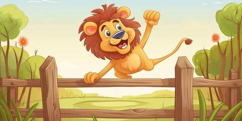 Cute Cartoon Style Lion Jumping Over A Wooden Fence Generative Ai Digital Illustration Part#260423