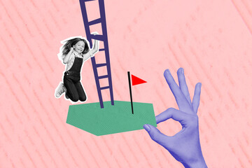 Template poster banner drawing collage of happy kid girl have contest climb ladder winning achieve...