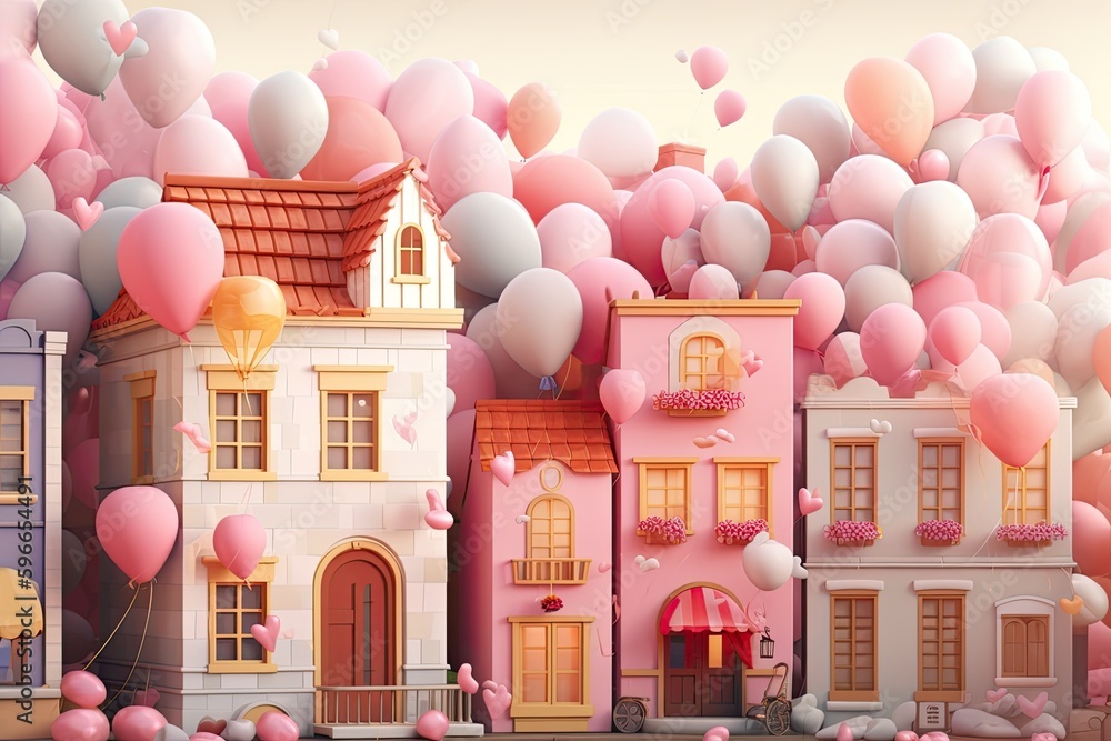 Poster neighborhood with colorful balloons floating in the sky. generative ai