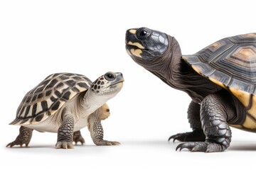 turtle and a tortoise facing each other in a natural setting. Generative AI