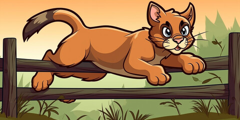 Cute Cartoon Style Puma Jumping Over A Wooden Fence Generative Ai Digital Illustration Part#260423