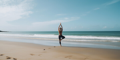 Fototapeta na wymiar Woman practicing yoga on the beach