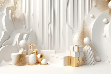 3d render white and gold winter holiday background
