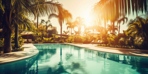 Beautiful view of tropical palm trees swimming pool sun