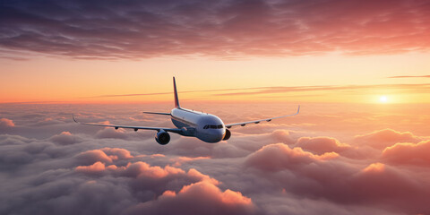 Fototapeta na wymiar Airplane flying above the clouds at sunset