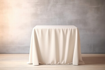 Blank cream fabric tablecloth on table counter podium