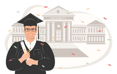Happy graduate student man with a diploma, wearing a robe and a square academic cap the backdrop of the university. Vector illustration. 
