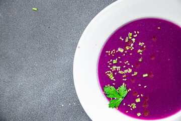 red cabbage cream soup purple meal food snack on the table copy space food background rustic top view 