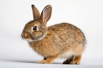 cute brown rabbit standing upright on a white background. Generative AI