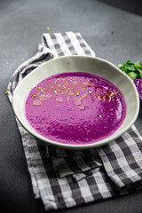 red cabbage cream soup purple meal food snack on the table copy space food background rustic top view 