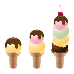 Collection of vector ice cream illustrations isolated on white background. Ice cream in waffle cone.