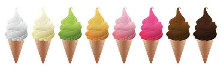 Collection of vector ice cream illustrations isolated on white background. Ice cream in waffle cone.