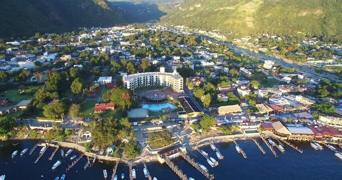 Atitlan Lake in Guatemala. Panajachel Town in Background. Boats and Yachts in Background. Drone Point of View. Skyline