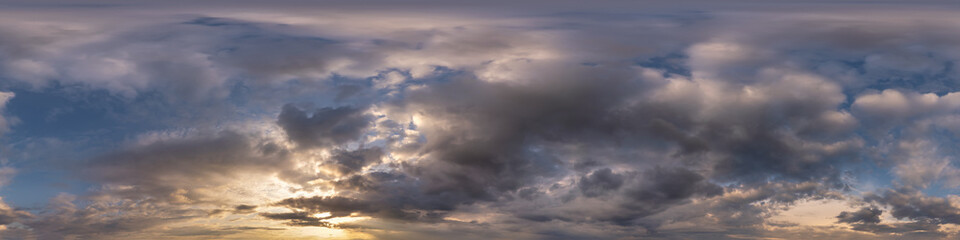 evening dark blue overcast sky hdri 360 panorama with beautiful clouds in seamless projection with zenith for use in 3d graphics or game development as skydome or edit drone shot for sky replacement