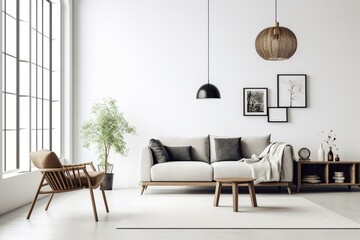 Contemporary living space with sofa, armchair, decor; White wall backdrop. Generative AI