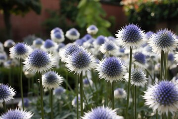 beautiful garden filled with blue and white flowers. Generative AI