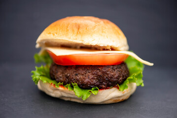 appetizing homemade burger with beef and cheese on a dark background