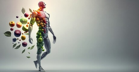 A man with a lot of energy. Fruit forming a human body, metabolism anв nutrition, eating diet food for energy and digestion. Generative Ai