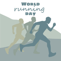 Fototapeta na wymiar World Running Day. Vector poster design. The concept of a healthy lifestyle. Men run ahead of each other in nature. Flat vector illustration. A template for a banner, an advertising cover Competitions