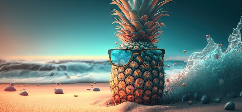 A pineapple with sunglasses sits on a beach. Sea summer background. Generative Ai