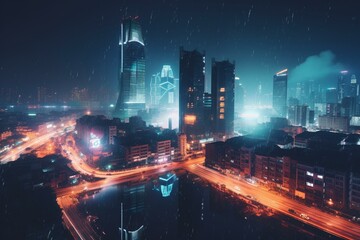 Fototapeta na wymiar Vibrant urban skyline at night featuring glowing skyscrapers and futuristic architecture. Generative AI