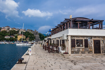 Admiral restaurant in port of Herceg Novi coastal town located at the entrance to the Bay of Kotor, Montenegro