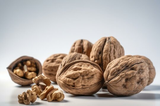 Fresh whole walnuts, tasty, on white background. Generative AI