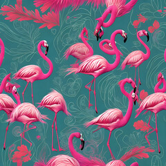 seamless pattern with flamingos, birds, cartoon, wildlife, water, flamingos,  AI generated	