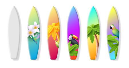 Surfboard tropical backgrounds vector template with 3d render illustrations of palm tree, tucan and parrot and flowers, blank clipart