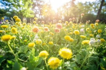 Obraz premium vibrant field of yellow and white flowers under a blue sky. Generative AI